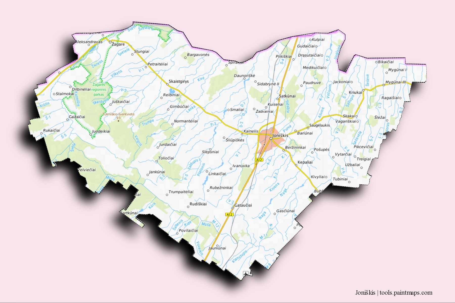 Joniskis neighborhoods and villages map with 3D shadow effect