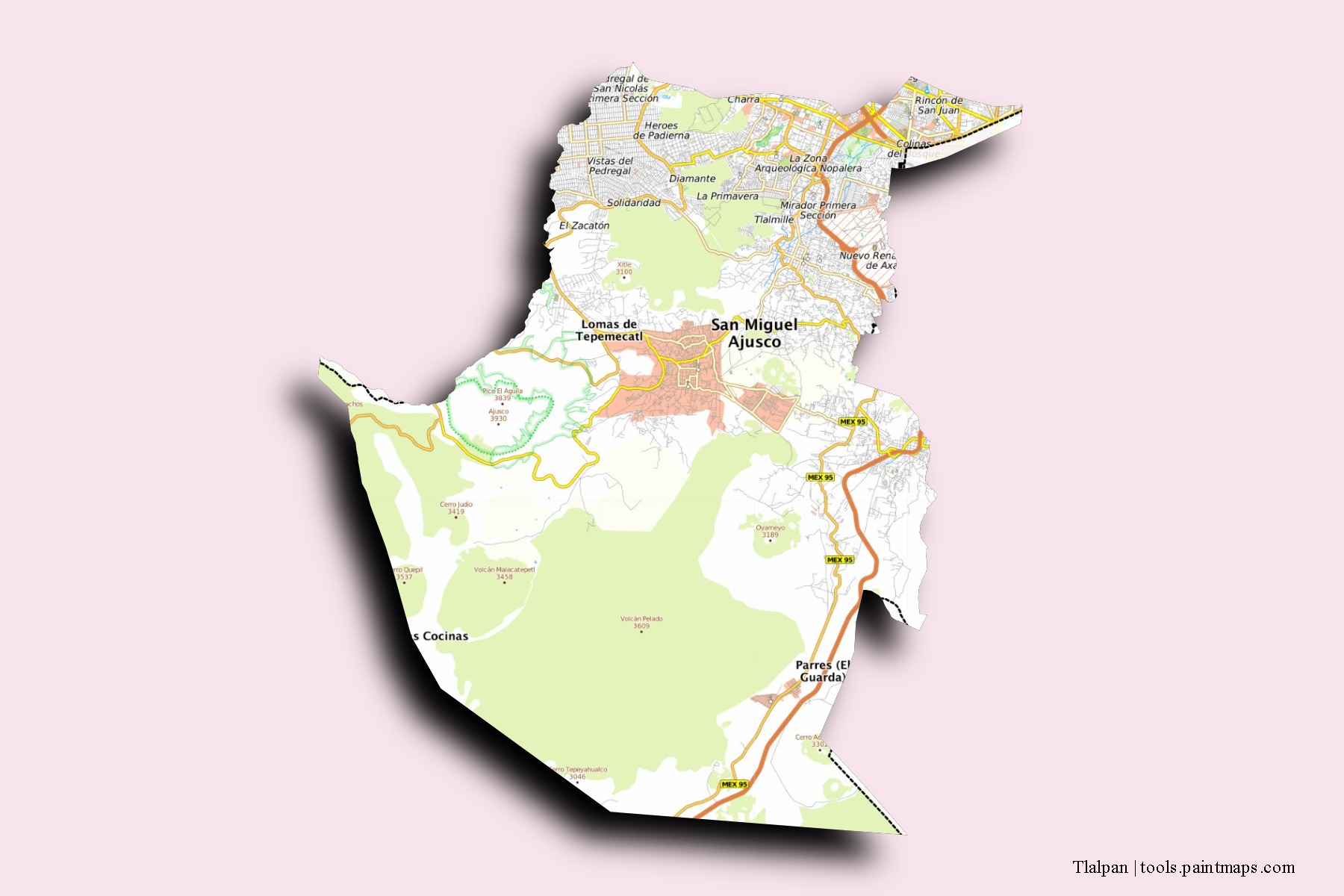 Mapa de barrios y pueblos de Tlalpan con efecto de sombra 3D