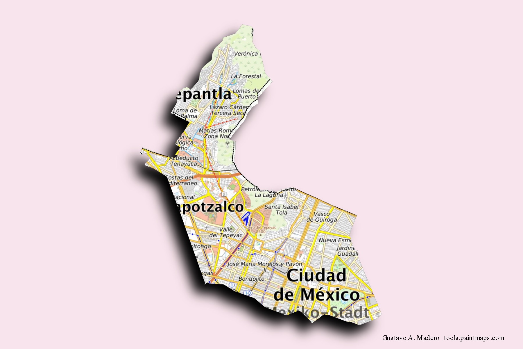 Gustavo A. Madero neighborhoods and villages map with 3D shadow effect