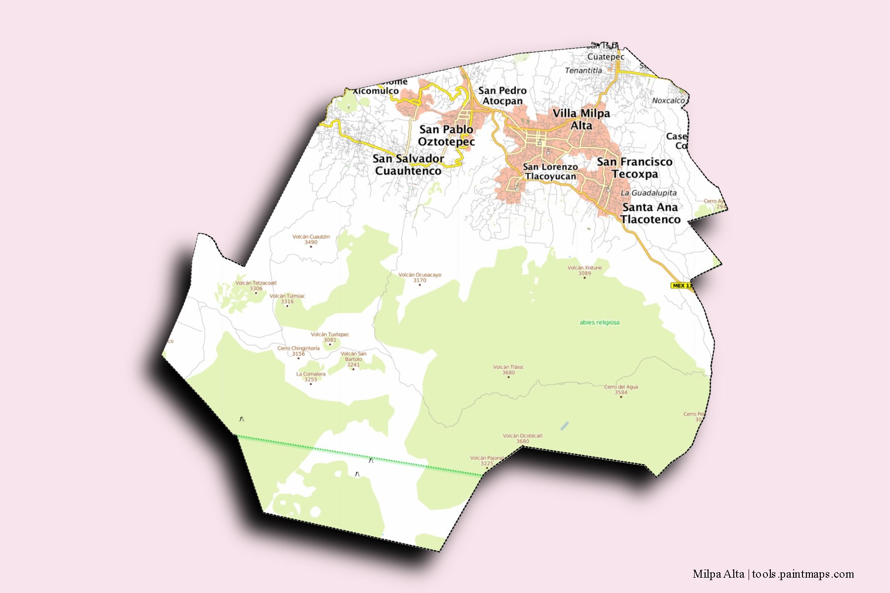 Milpa Alta neighborhoods and villages map with 3D shadow effect