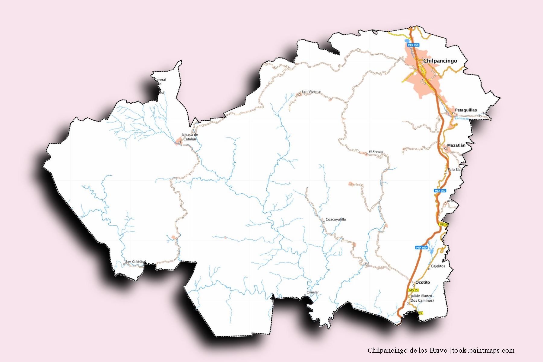 Chilpancingo de los Bravo neighborhoods and villages map with 3D shadow effect