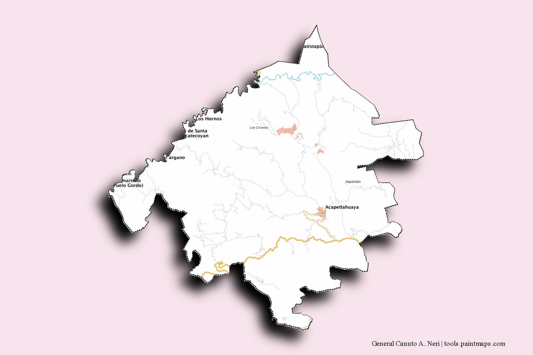 Mapa de barrios y pueblos de General Canuto A. Neri con efecto de sombra 3D