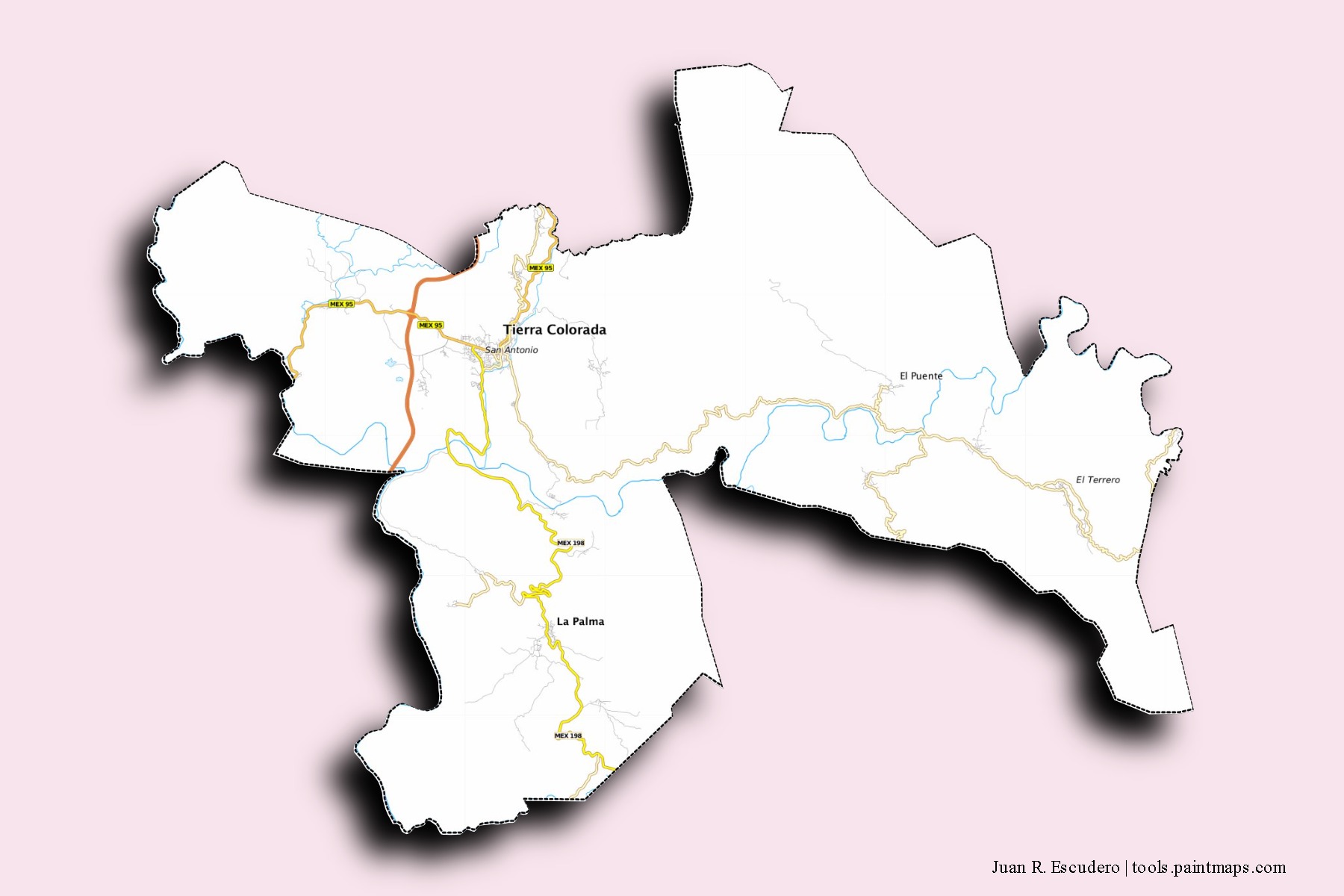 Juan R. Escudero neighborhoods and villages map with 3D shadow effect