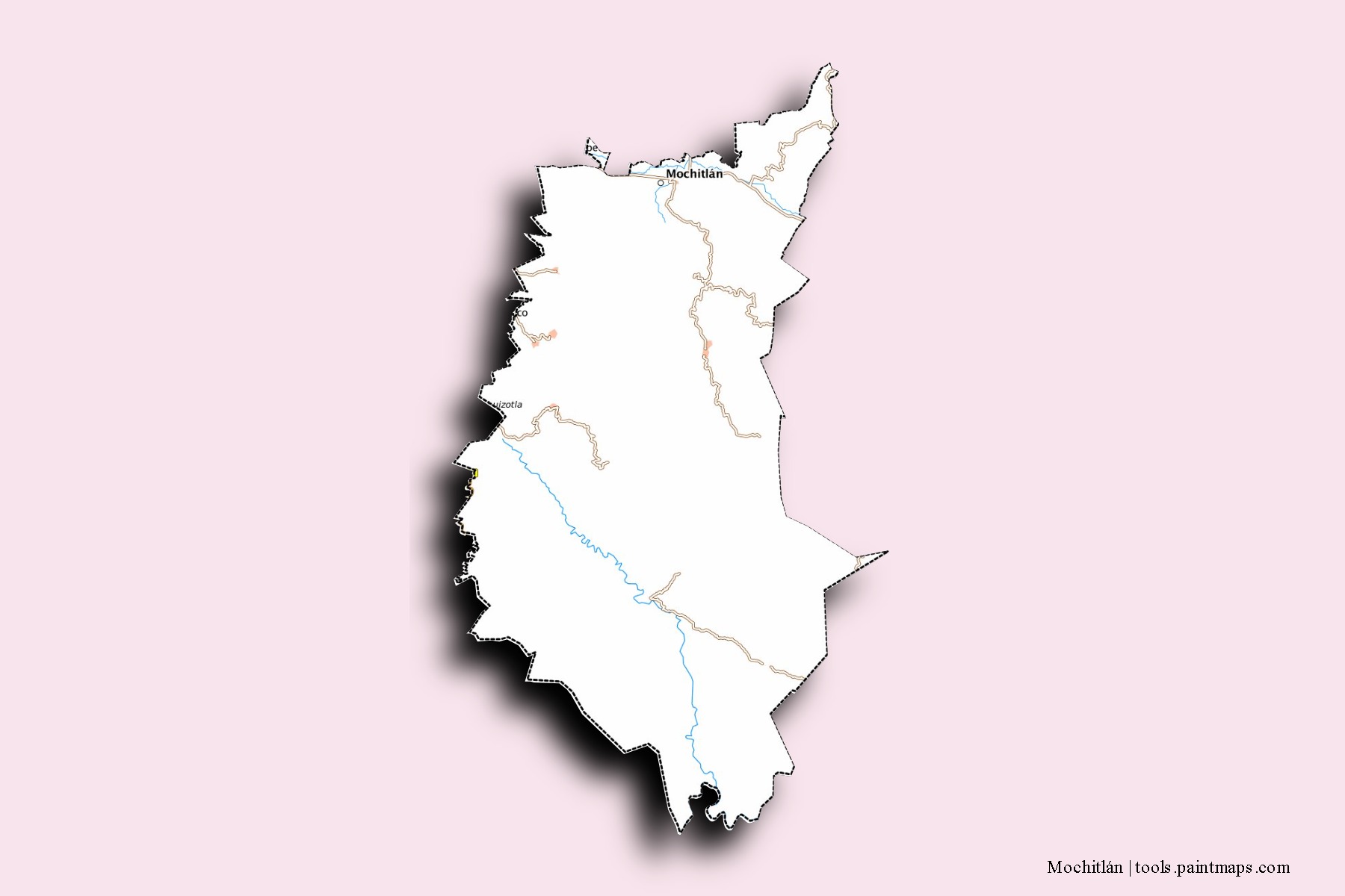 Mapa de barrios y pueblos de Mochitlán con efecto de sombra 3D