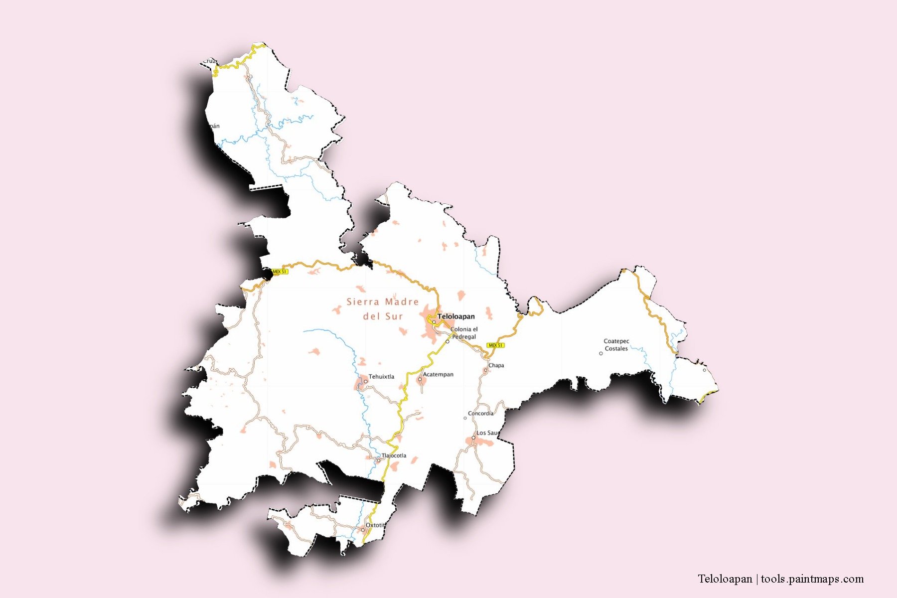 Mapa de barrios y pueblos de Teloloapan con efecto de sombra 3D