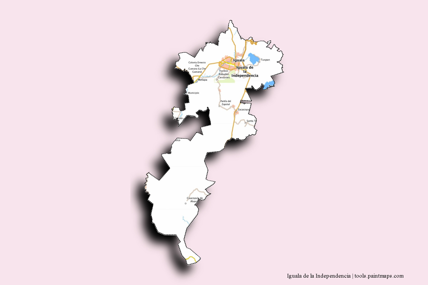 Iguala de la Independencia neighborhoods and villages map with 3D shadow effect