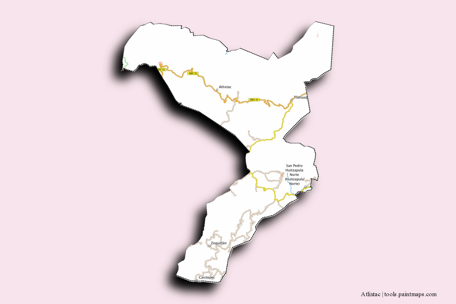 Mapa de barrios y pueblos de Atlixtac con efecto de sombra 3D