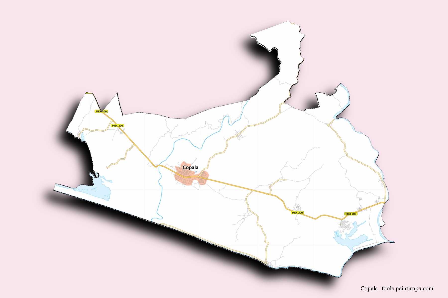 Copala neighborhoods and villages map with 3D shadow effect