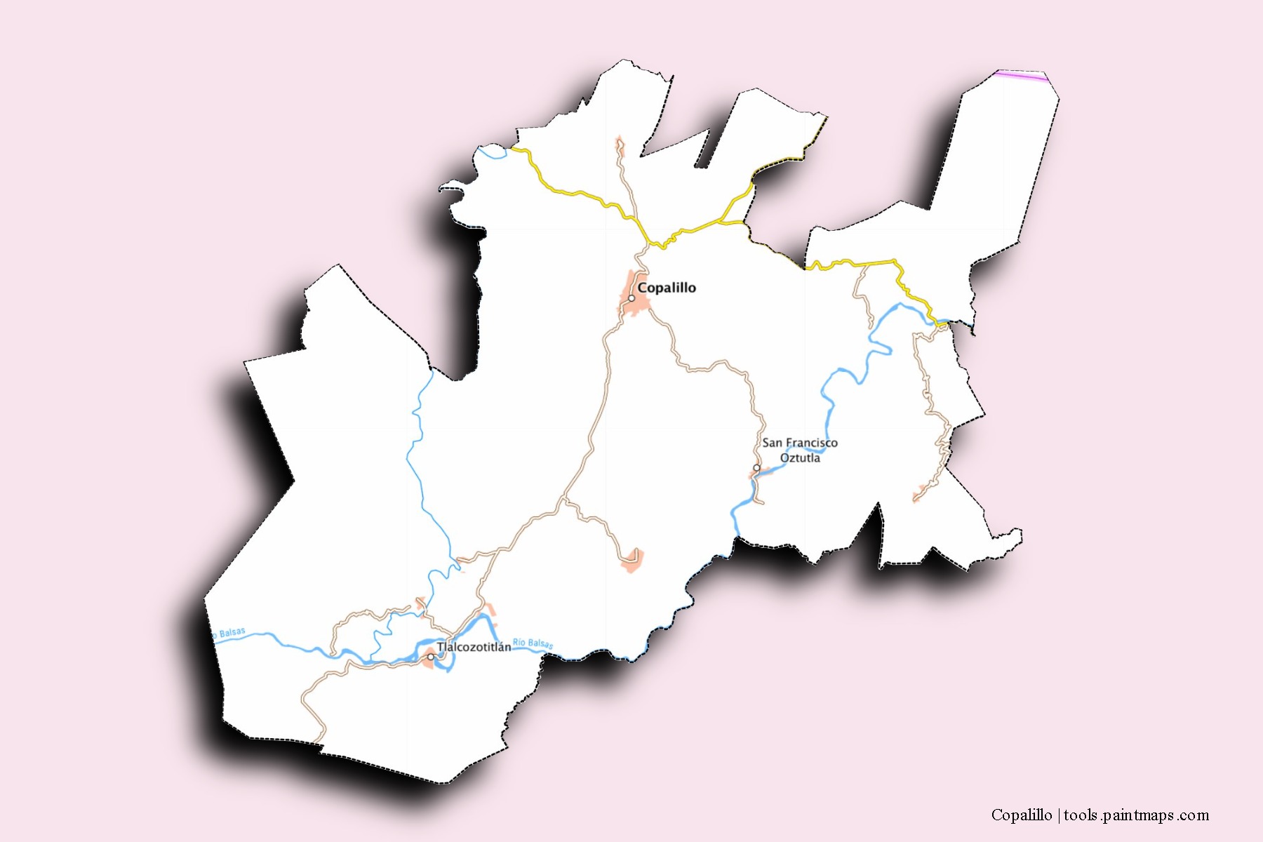 Mapa de barrios y pueblos de Copalillo con efecto de sombra 3D