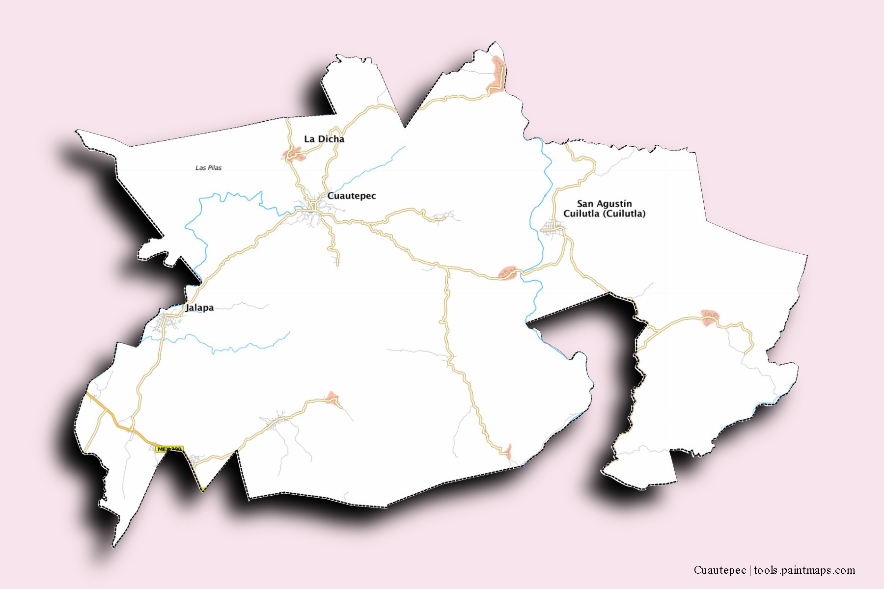 3D gölge efektli Cuautepec mahalleleri ve köyleri haritası