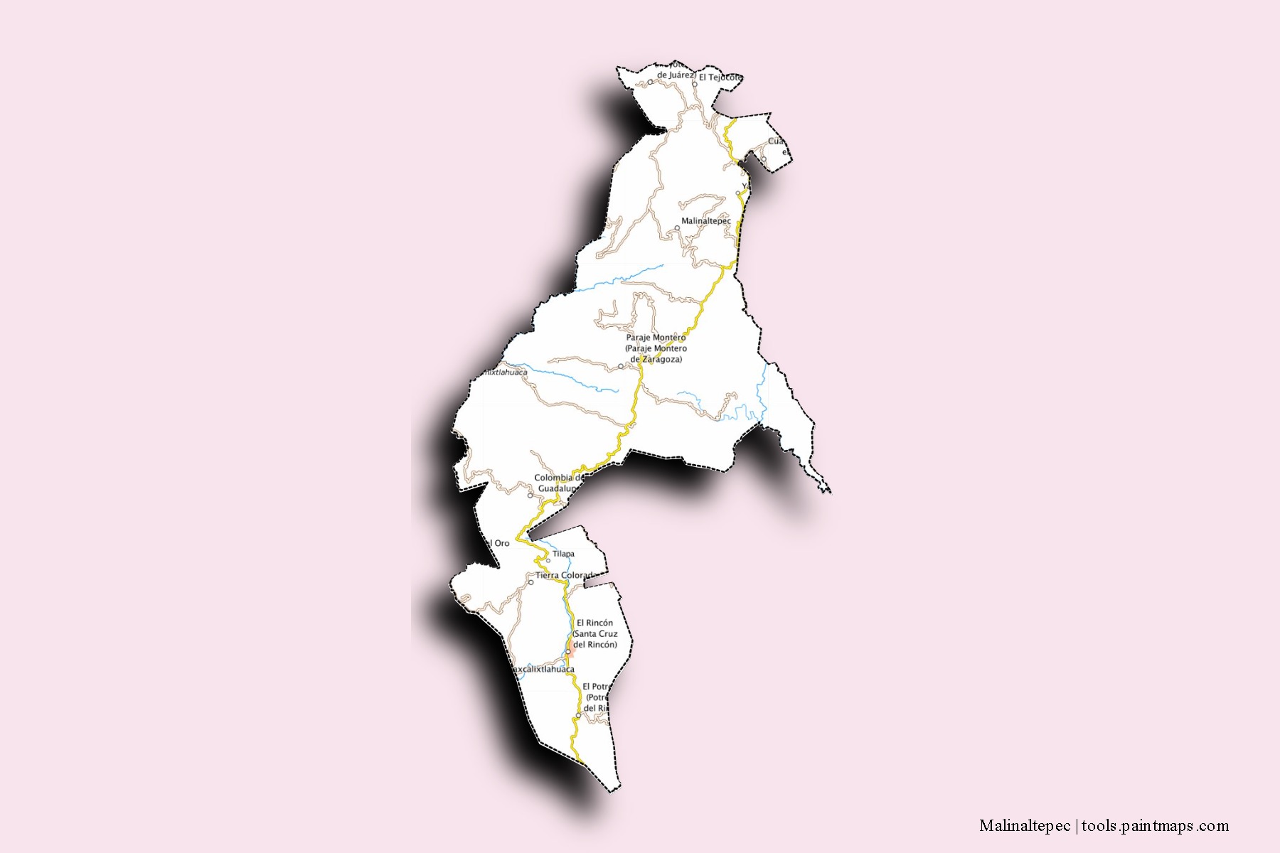 Mapa de barrios y pueblos de Malinaltepec con efecto de sombra 3D