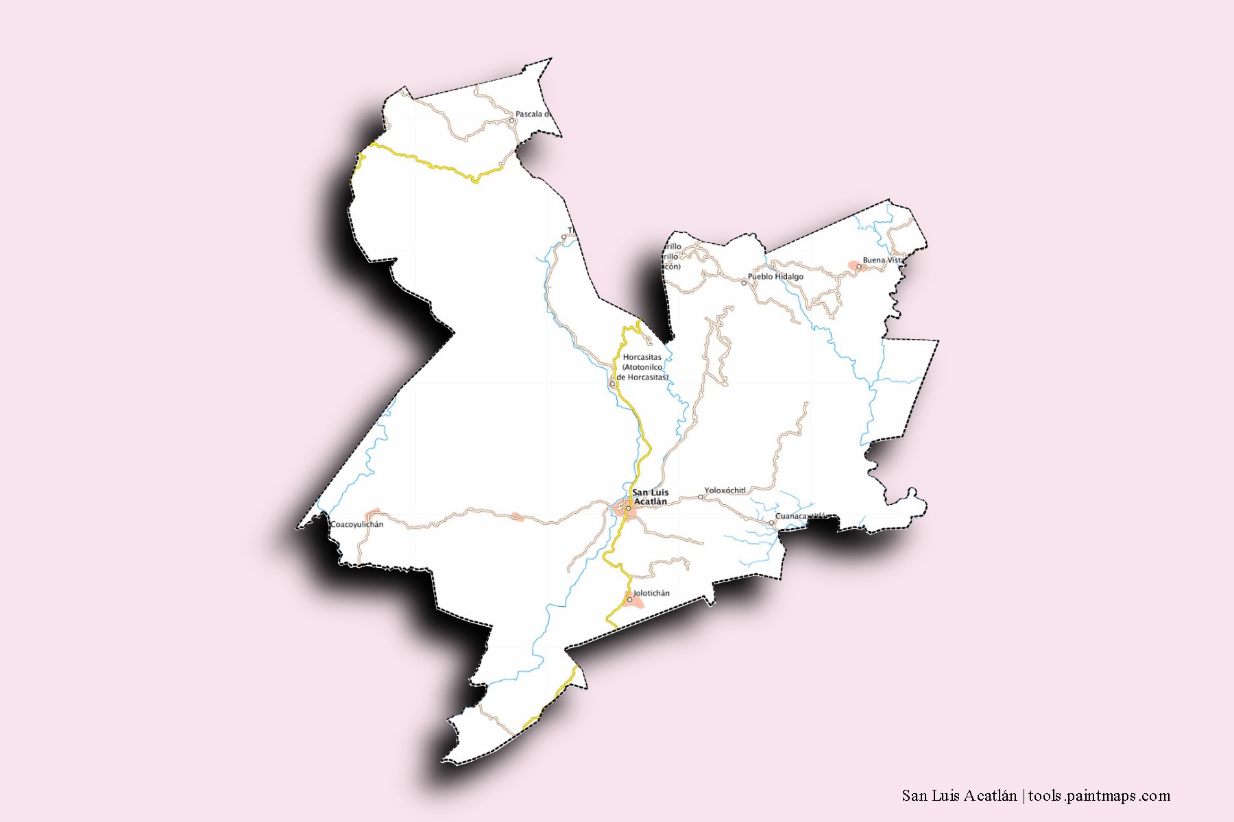 San Luis Acatlán neighborhoods and villages map with 3D shadow effect