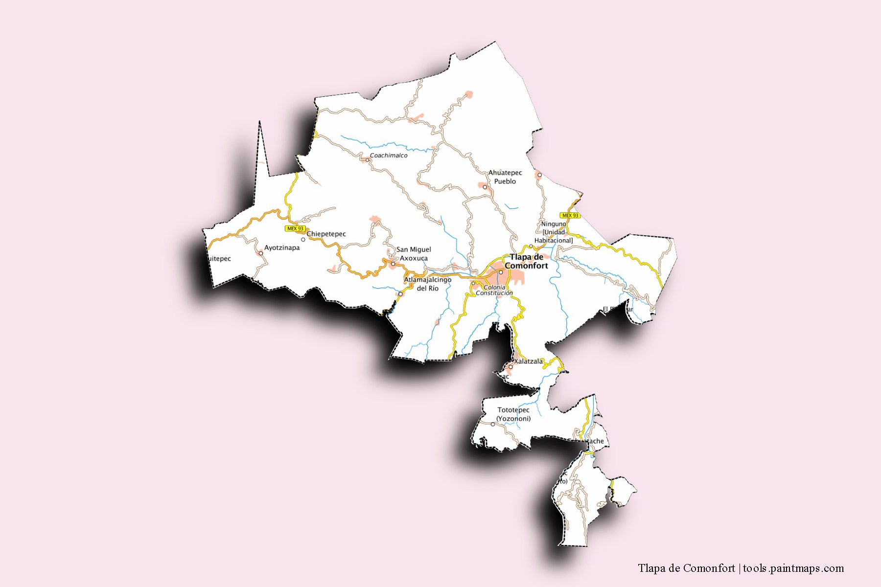 Mapa de barrios y pueblos de Tlapa de Comonfort con efecto de sombra 3D