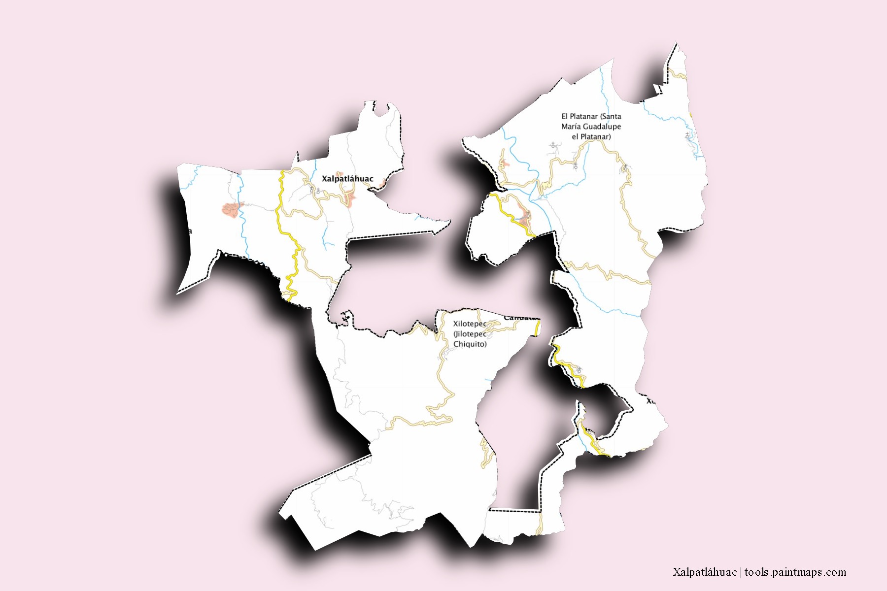 Xalpatláhuac neighborhoods and villages map with 3D shadow effect