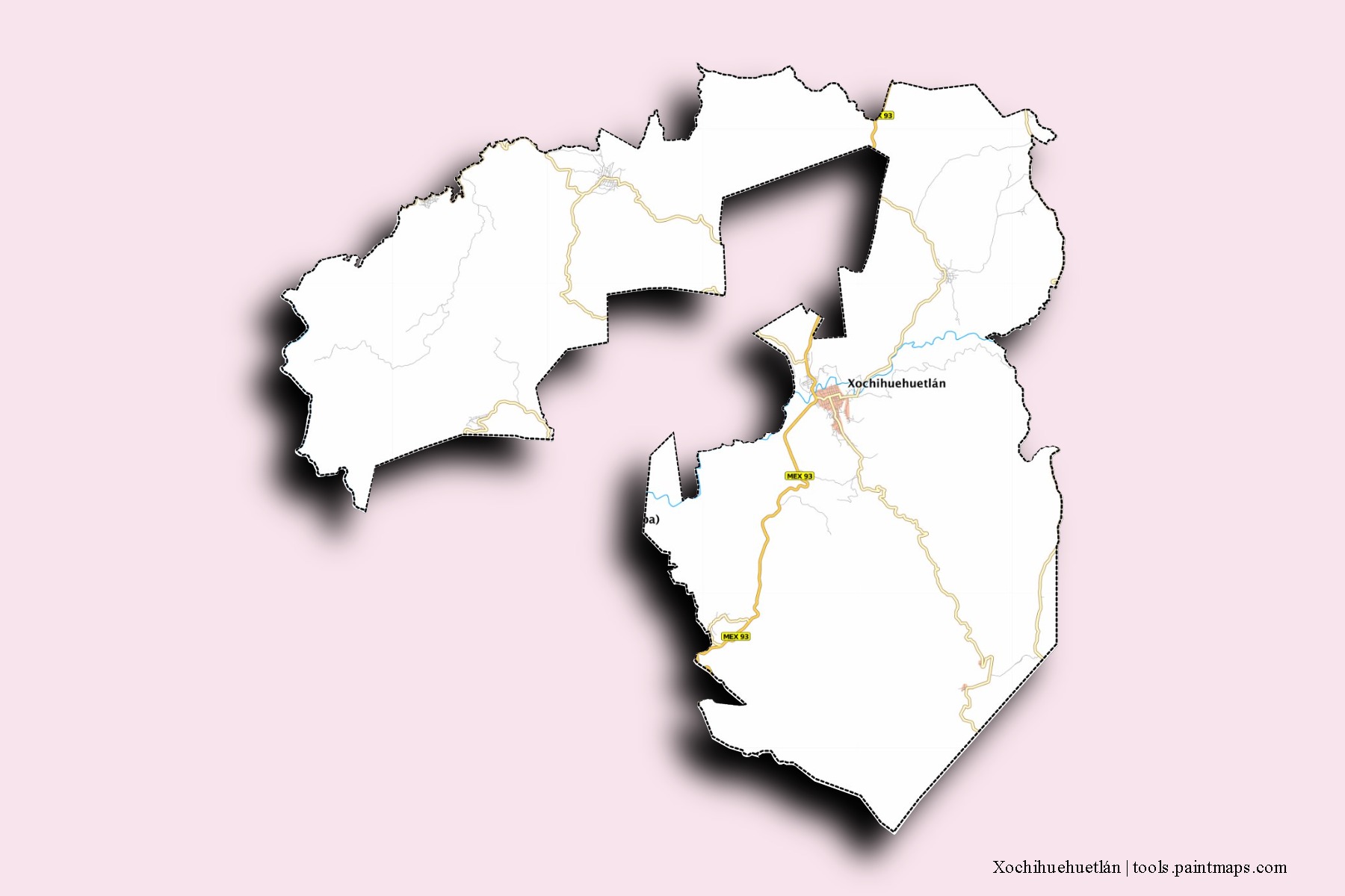 Mapa de barrios y pueblos de Xochihuehuetlán con efecto de sombra 3D