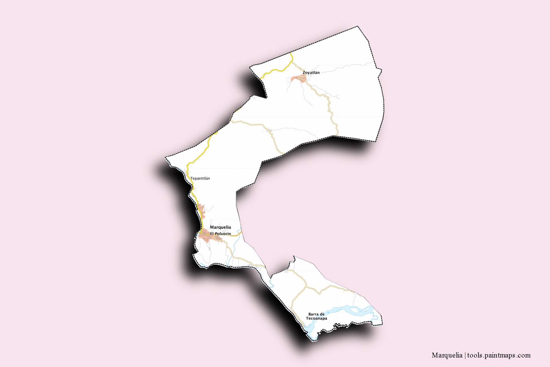 Mapa de barrios y pueblos de Marquelia con efecto de sombra 3D