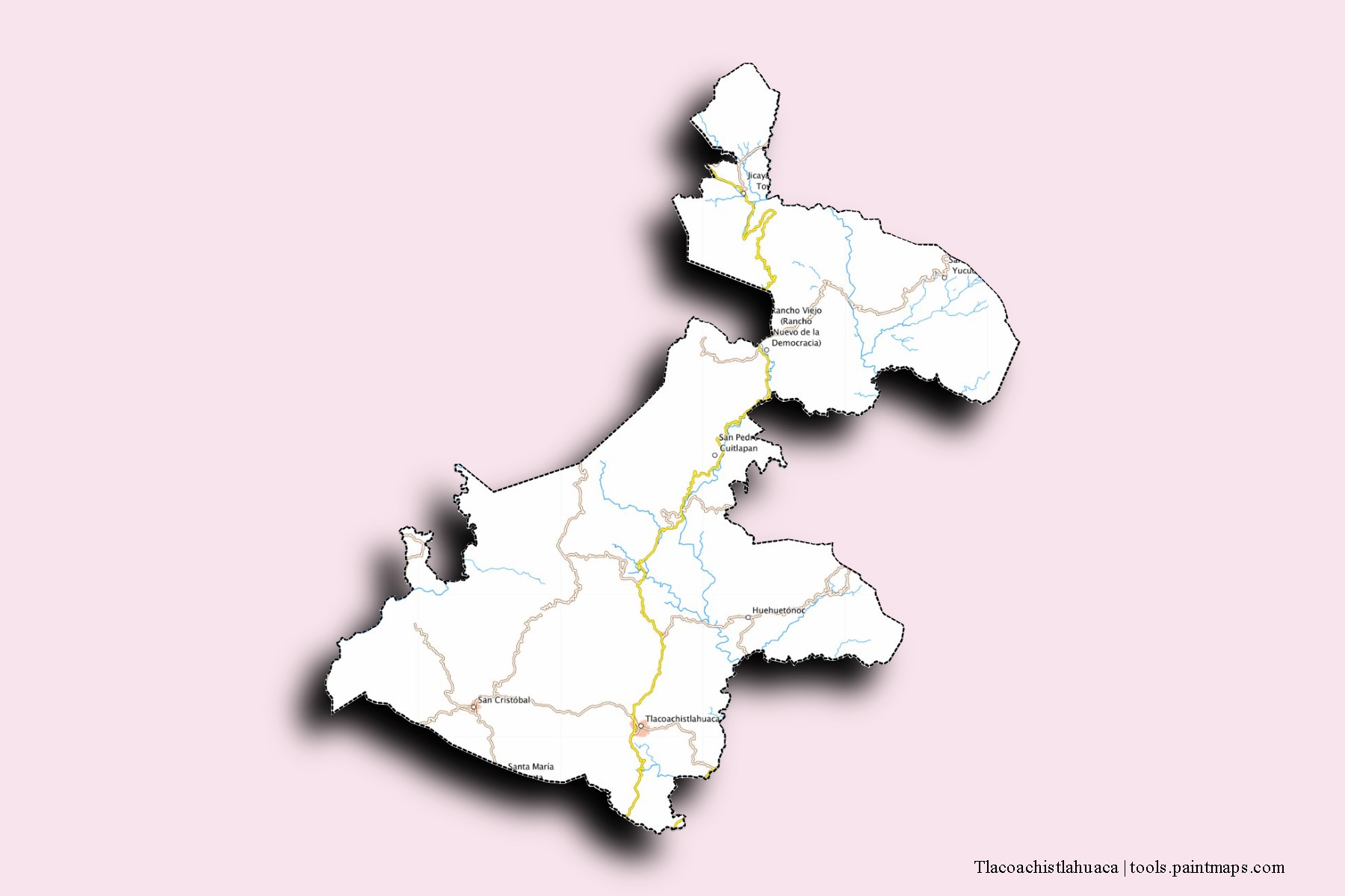 Tlacoachistlahuaca neighborhoods and villages map with 3D shadow effect