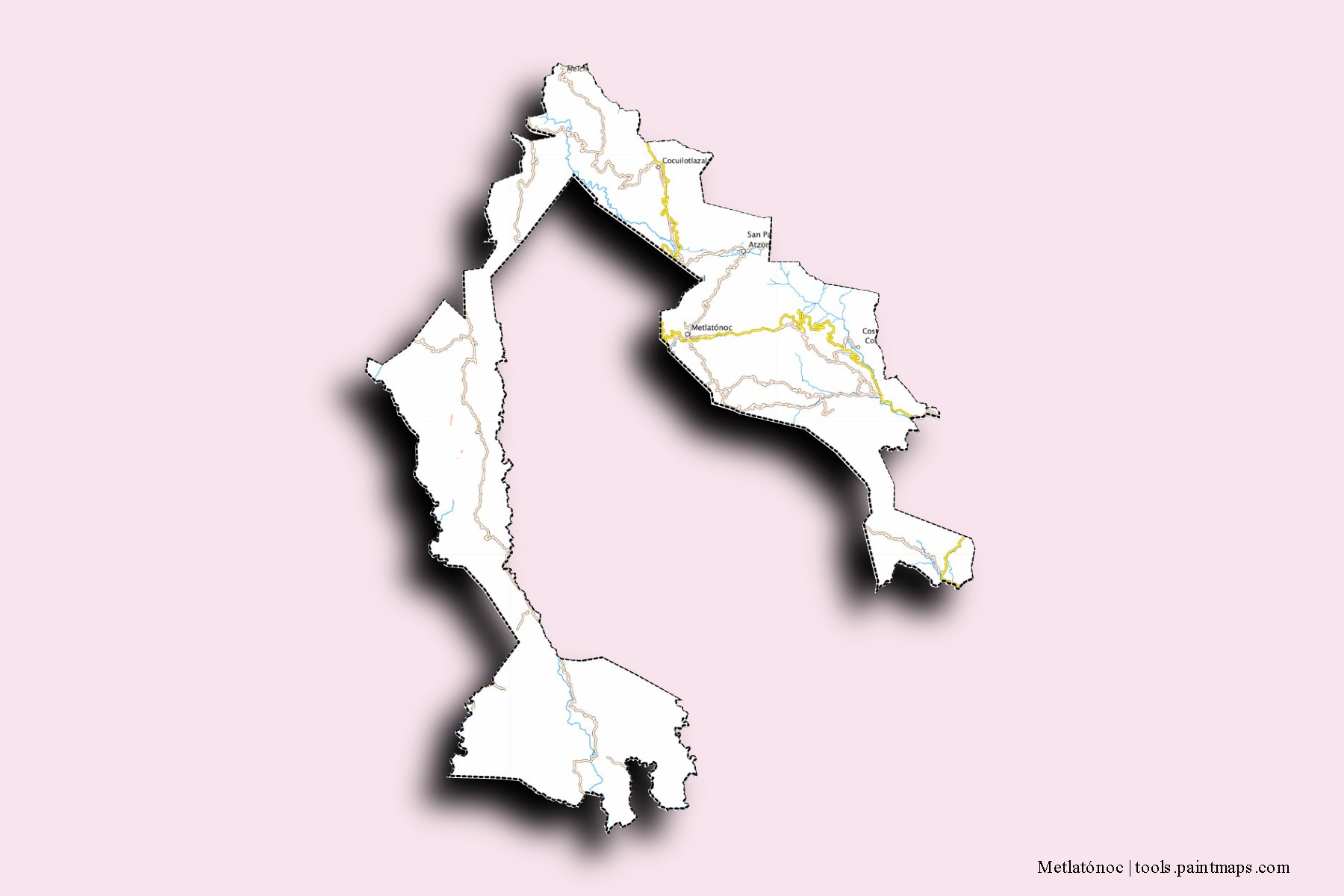 Mapa de barrios y pueblos de Metlatónoc con efecto de sombra 3D