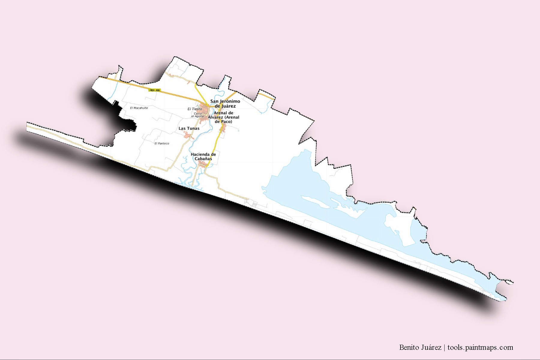3D gölge efektli Benito Juárez mahalleleri ve köyleri haritası