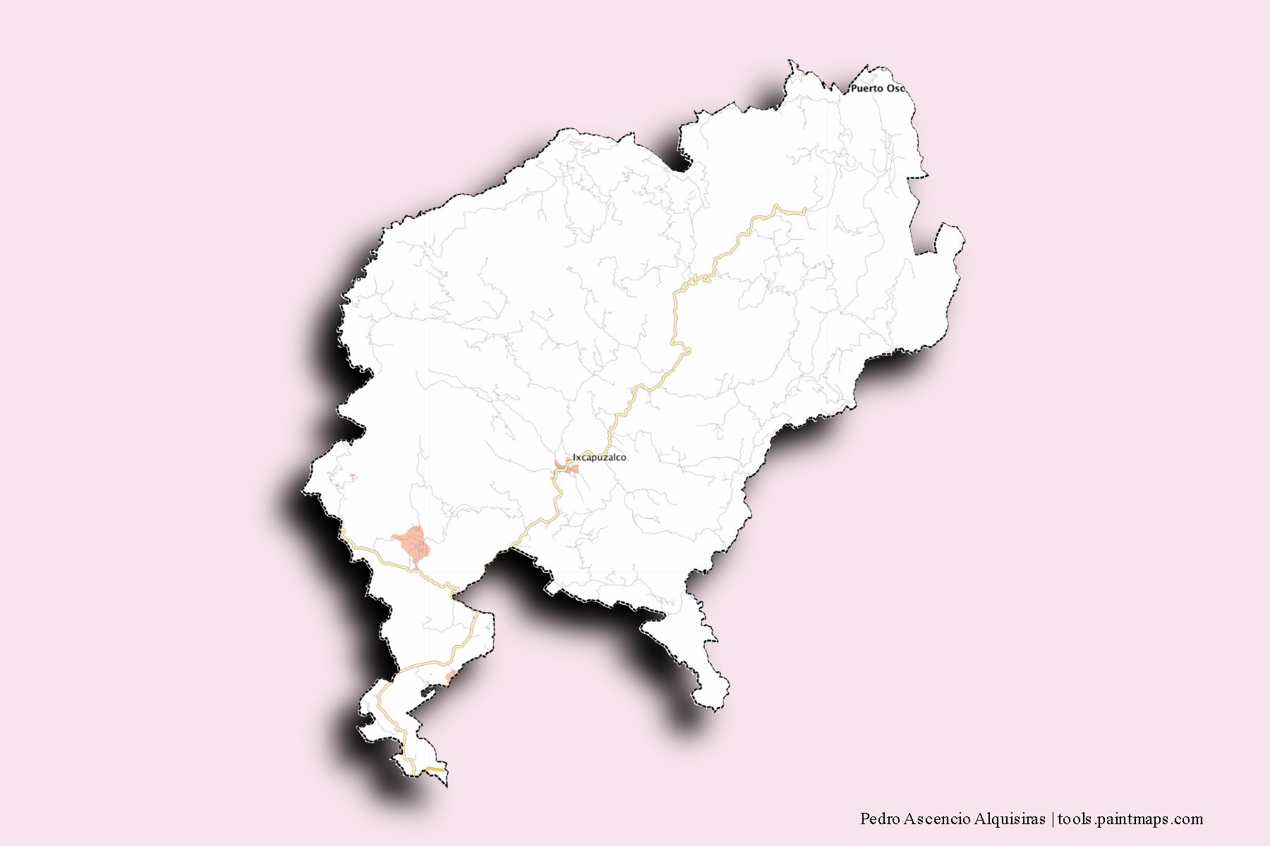 Mapa de barrios y pueblos de Pedro Ascencio Alquisiras con efecto de sombra 3D