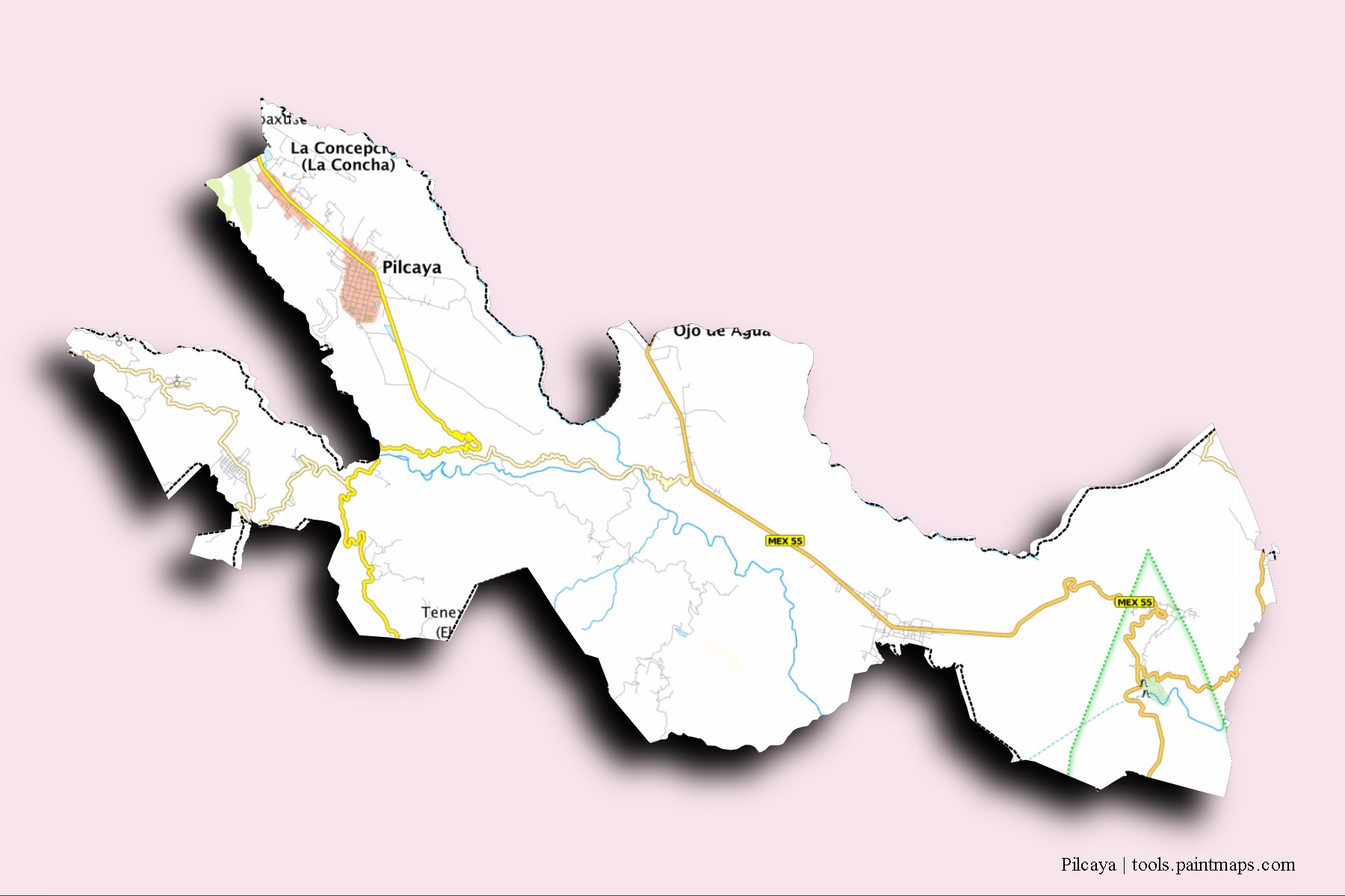 Pilcaya neighborhoods and villages map with 3D shadow effect