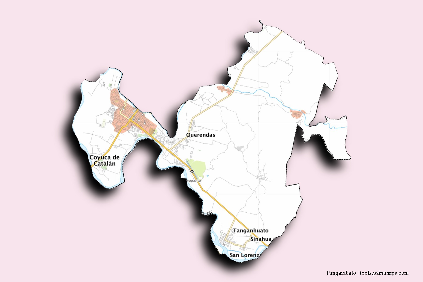 Mapa de barrios y pueblos de Pungarabato con efecto de sombra 3D