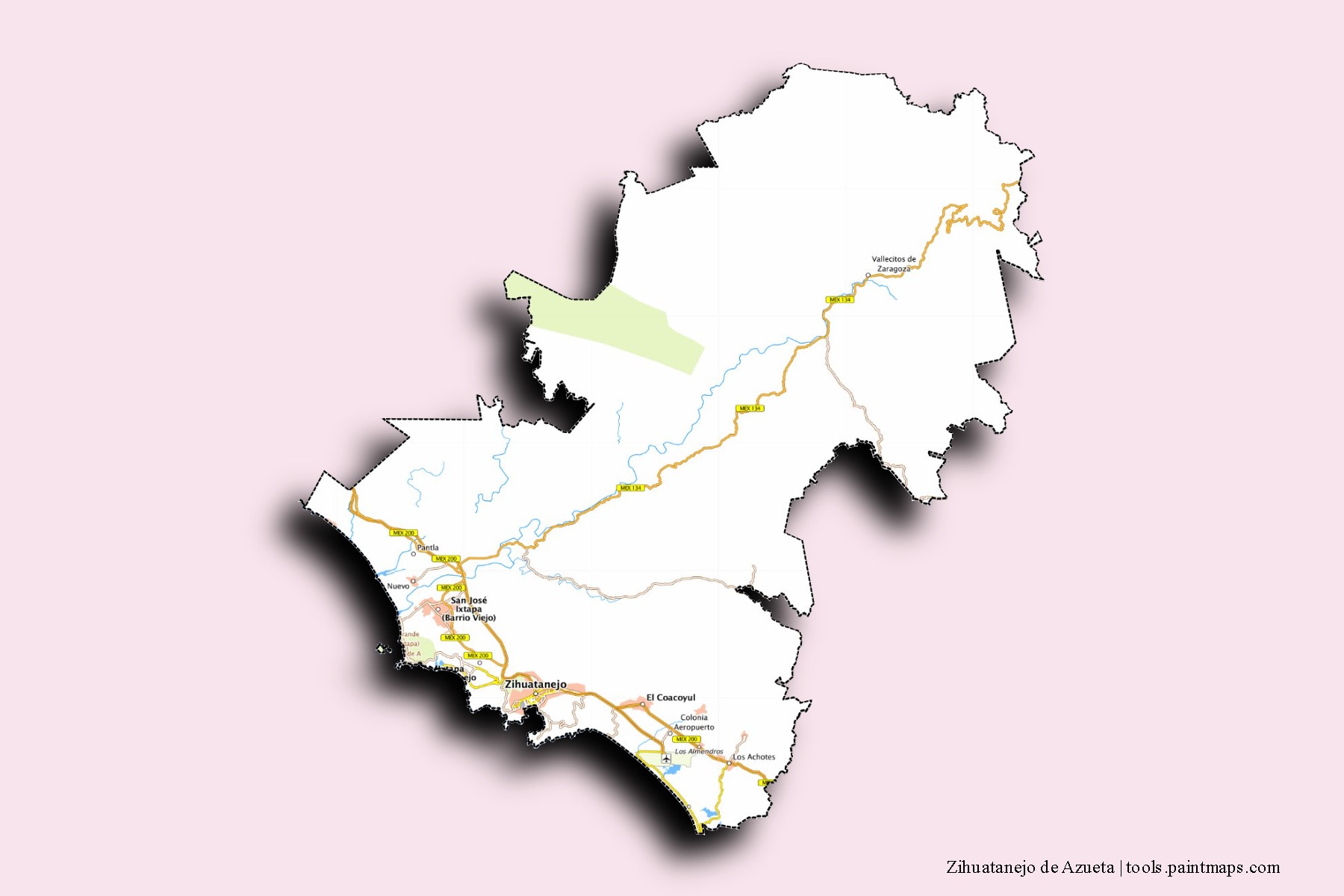 Mapa de barrios y pueblos de Zihuatanejo de Azueta con efecto de sombra 3D