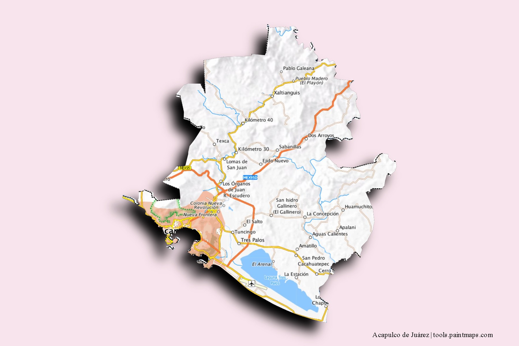 Acapulco de Juárez neighborhoods and villages map with 3D shadow effect