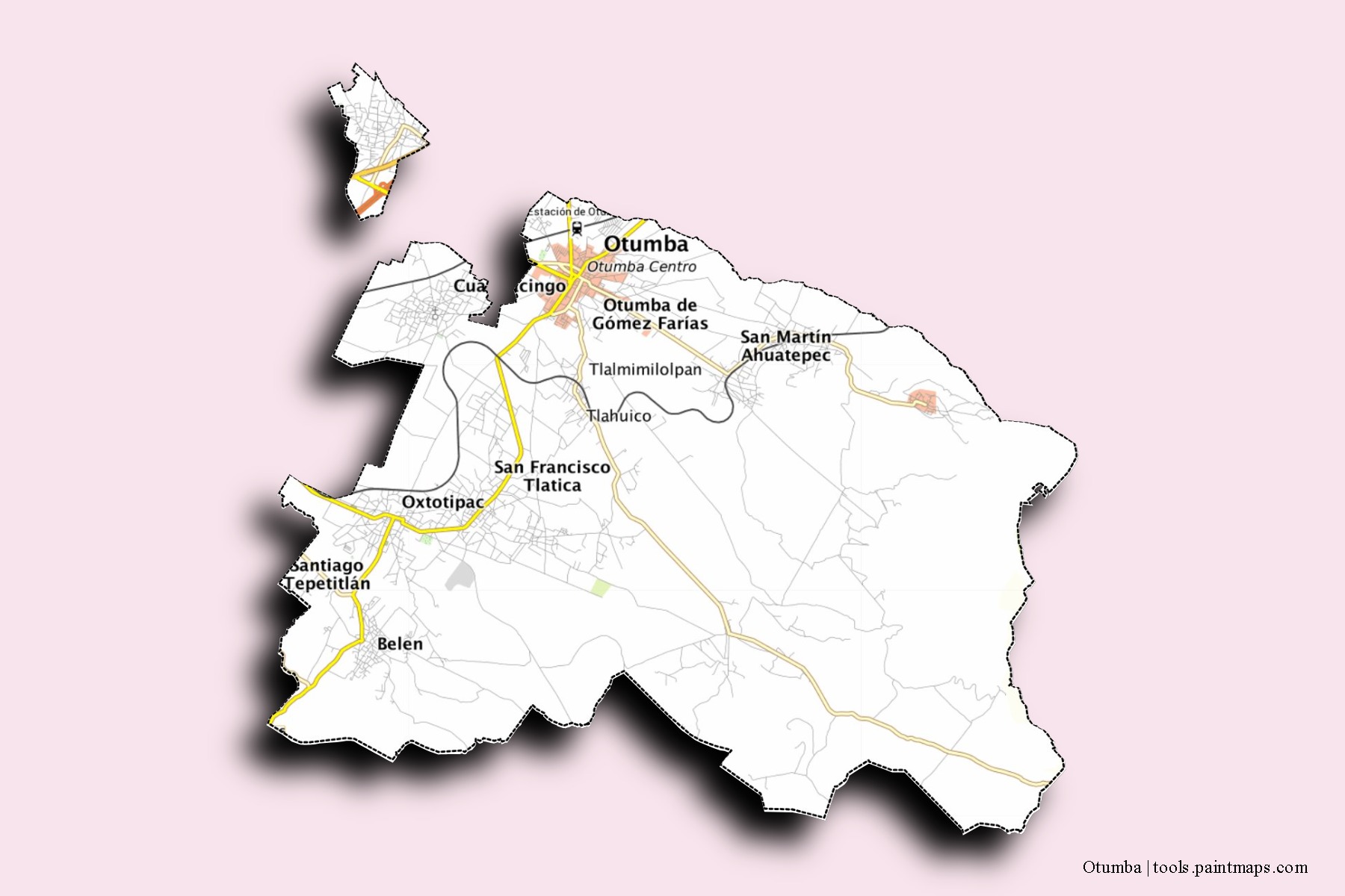 Otumba neighborhoods and villages map with 3D shadow effect