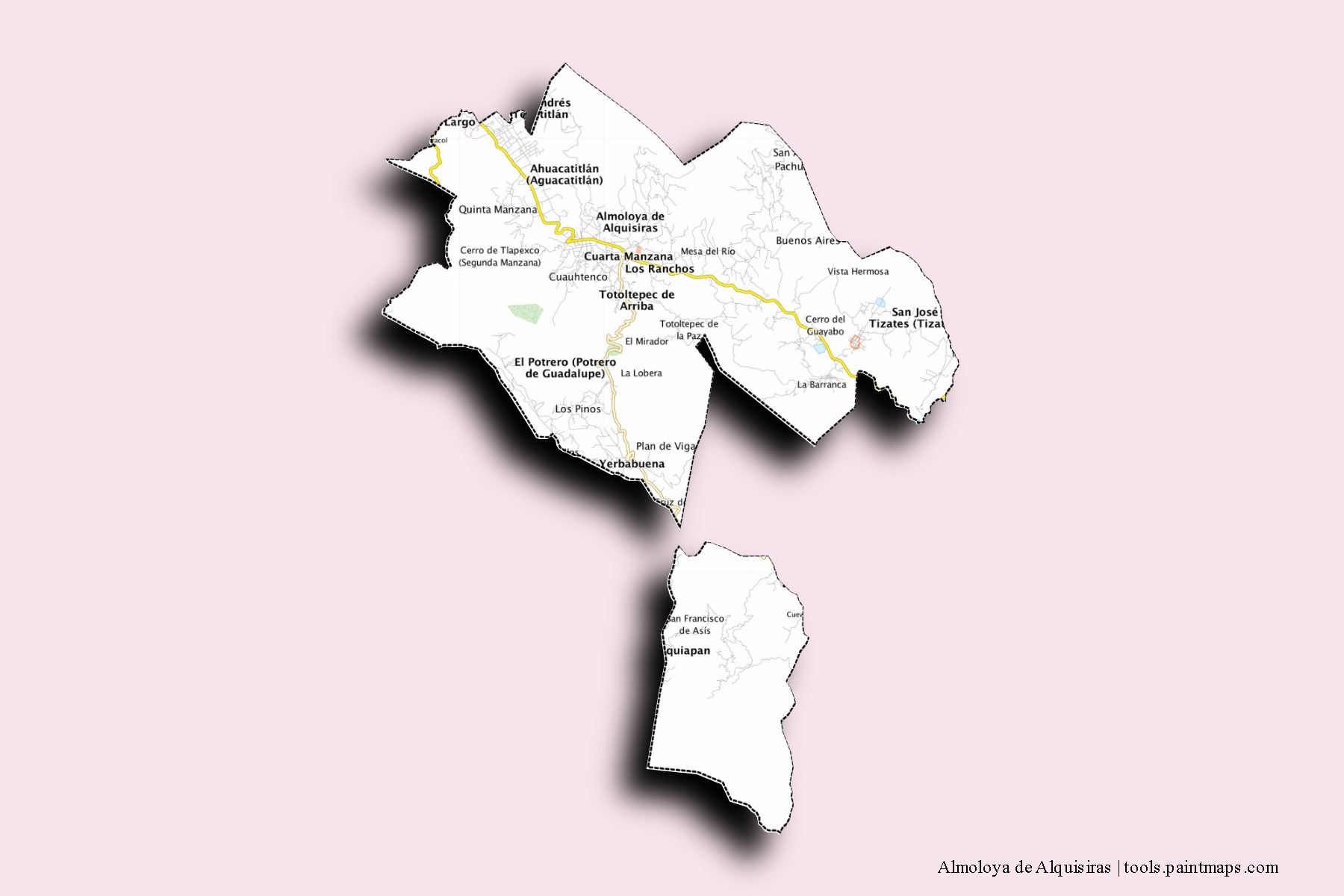 Mapa de barrios y pueblos de Almoloya de Alquisiras con efecto de sombra 3D