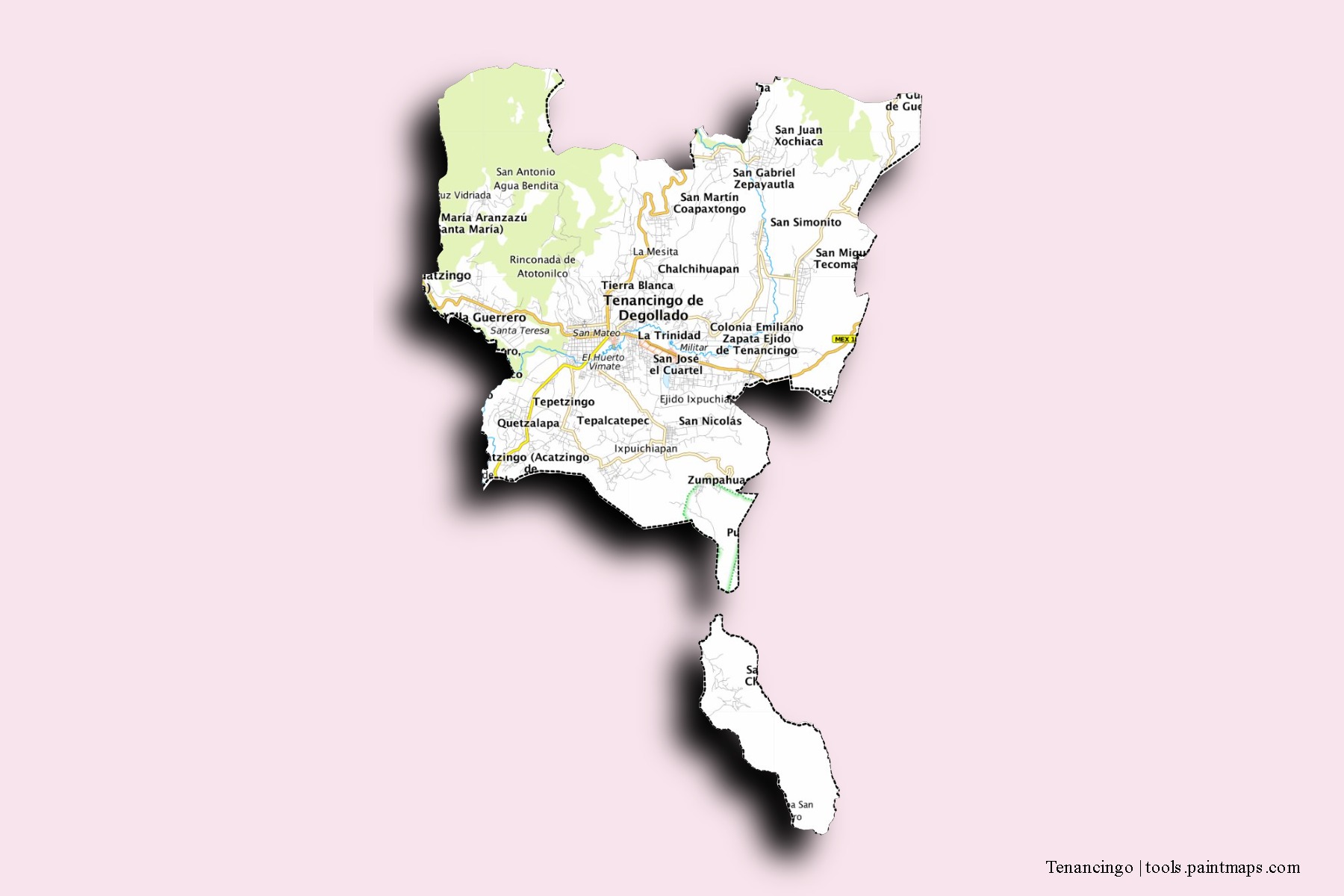 Tenancingo neighborhoods and villages map with 3D shadow effect