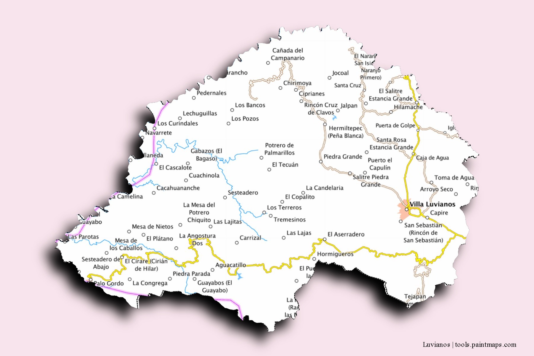 Mapa de barrios y pueblos de Luvianos con efecto de sombra 3D