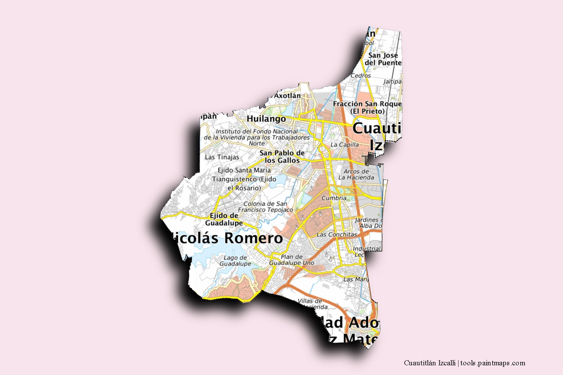 Cuautitlán Izcalli neighborhoods and villages map with 3D shadow effect