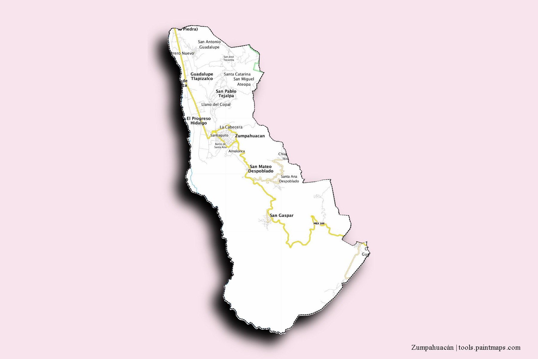 Zumpahuacán neighborhoods and villages map with 3D shadow effect