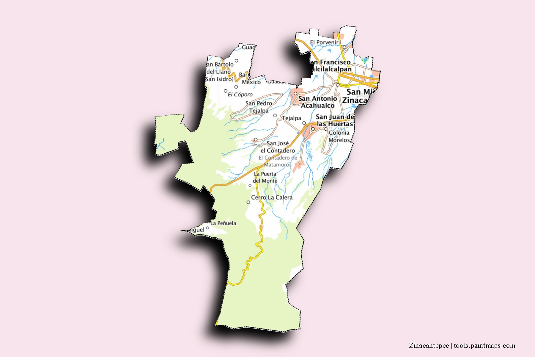 Mapa de barrios y pueblos de Zinacantepec con efecto de sombra 3D