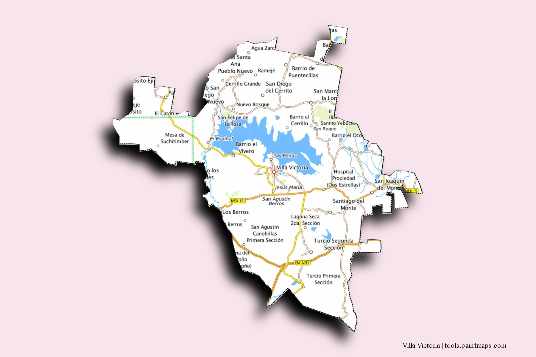 Mapa de barrios y pueblos de Villa Victoria con efecto de sombra 3D