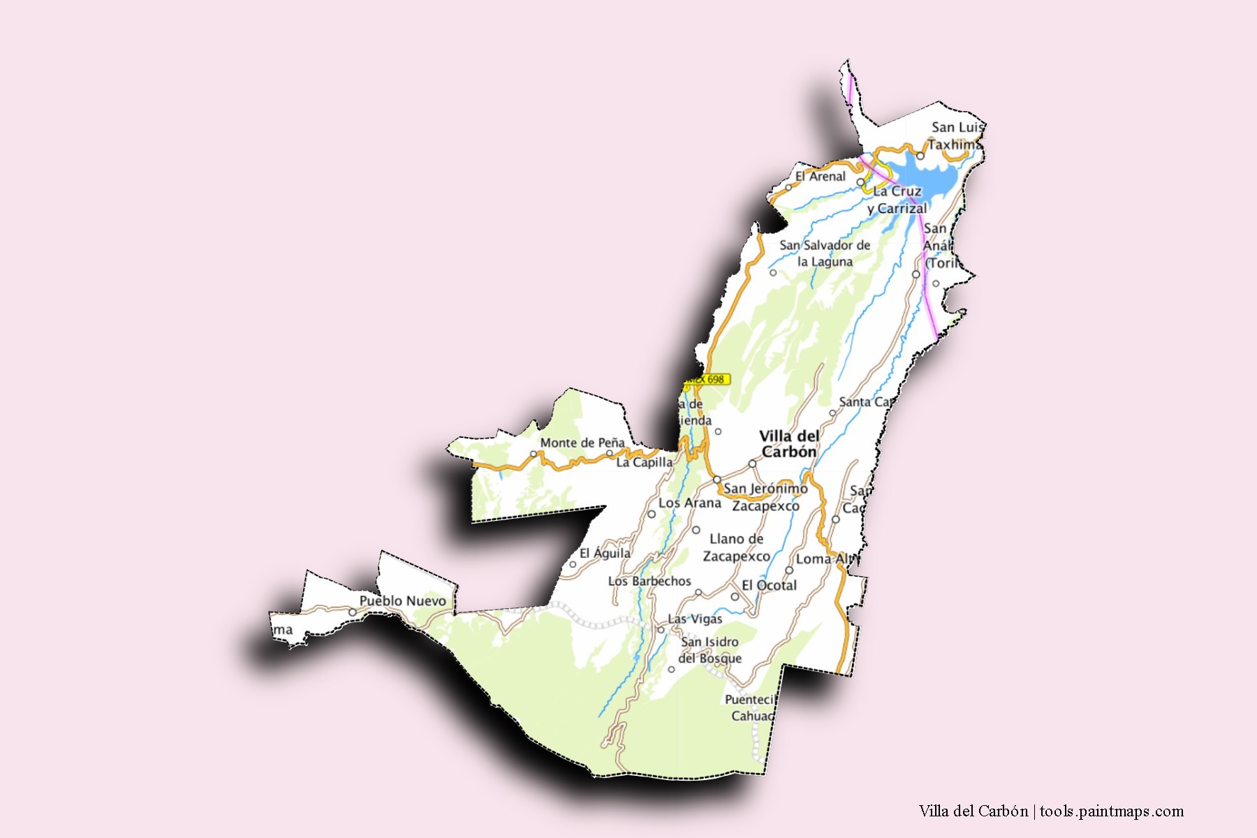 Mapa de barrios y pueblos de Villa del Carbón con efecto de sombra 3D