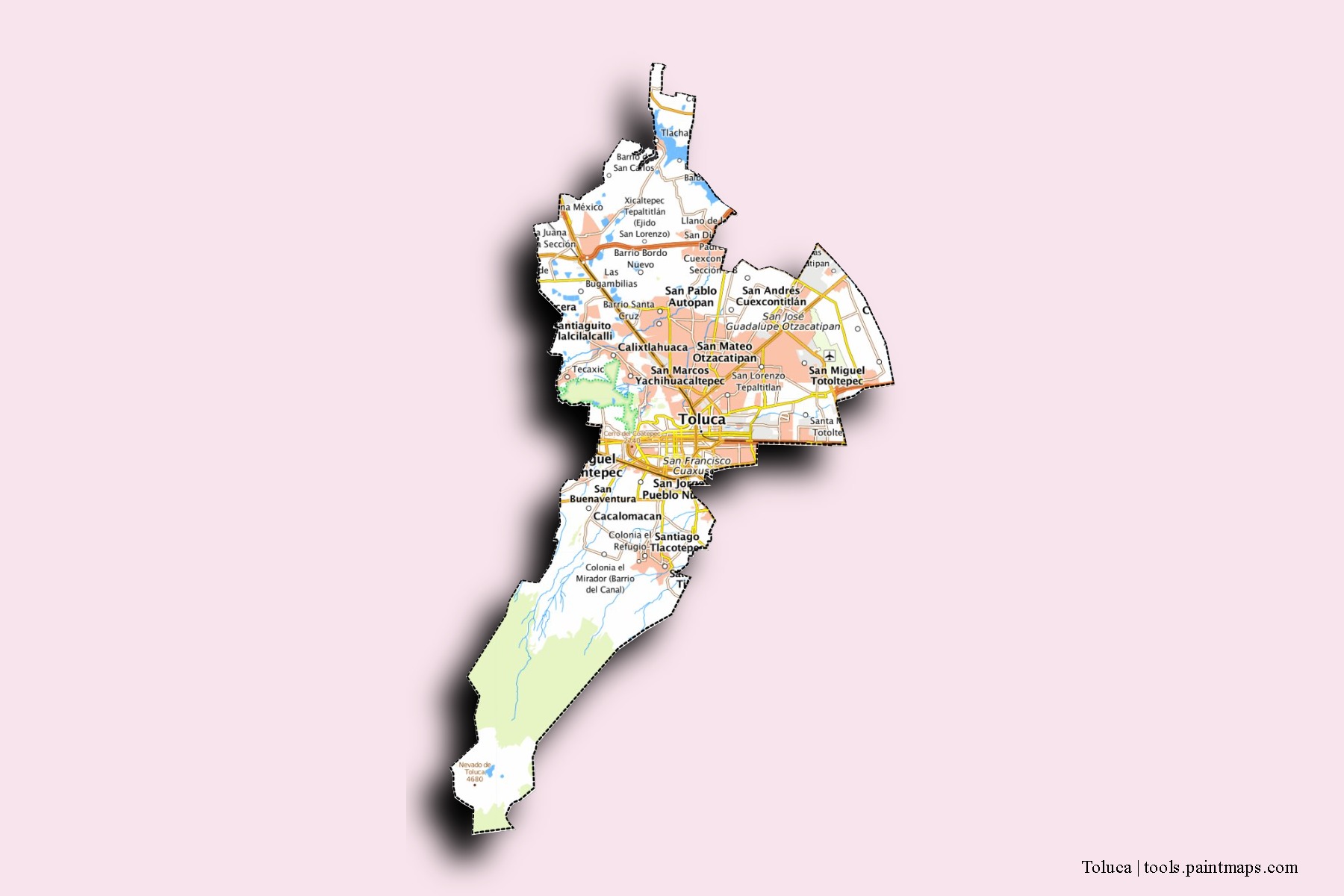 Mapa de barrios y pueblos de Toluca con efecto de sombra 3D