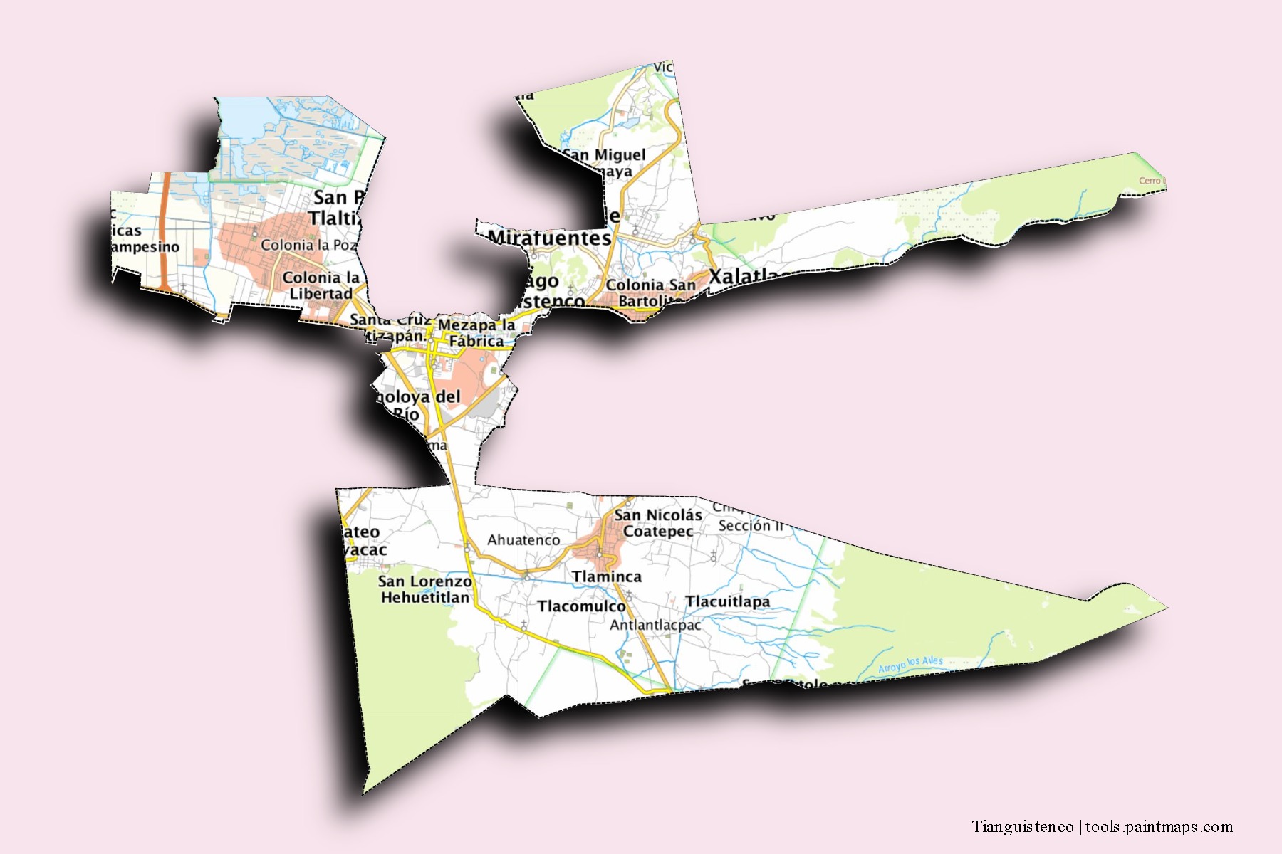 Mapa de barrios y pueblos de Tianguistenco con efecto de sombra 3D