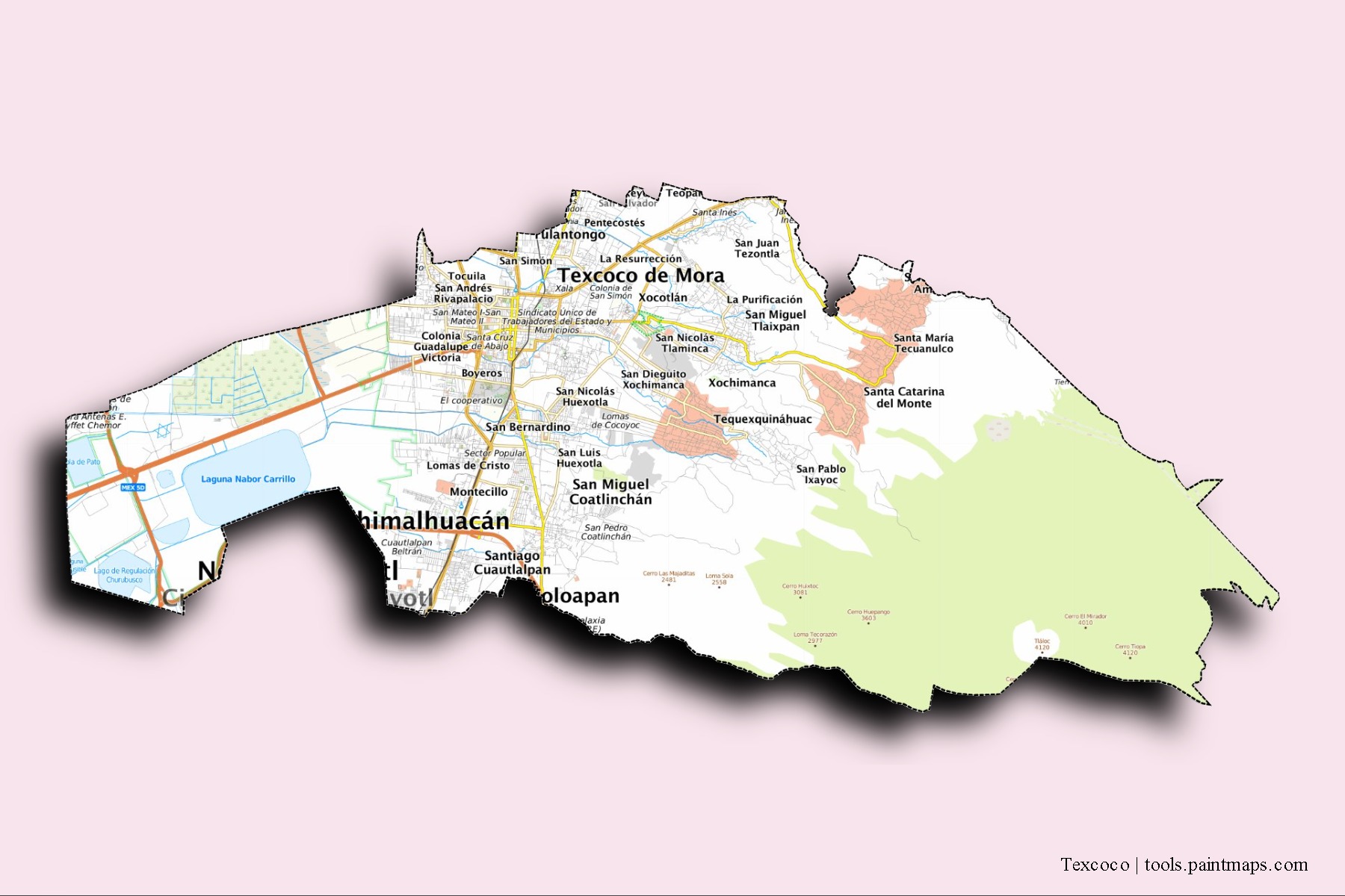 3D gölge efektli Texcoco mahalleleri ve köyleri haritası
