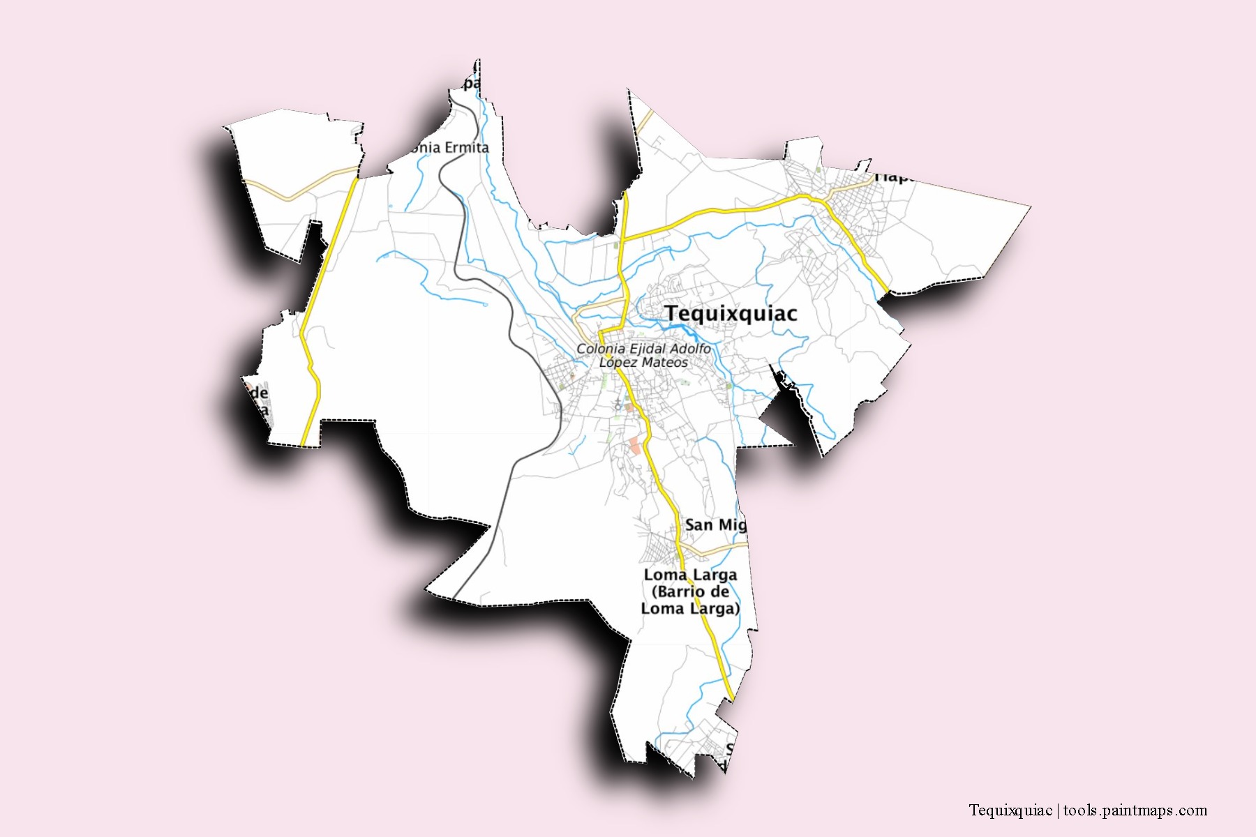 Tequixquiac neighborhoods and villages map with 3D shadow effect