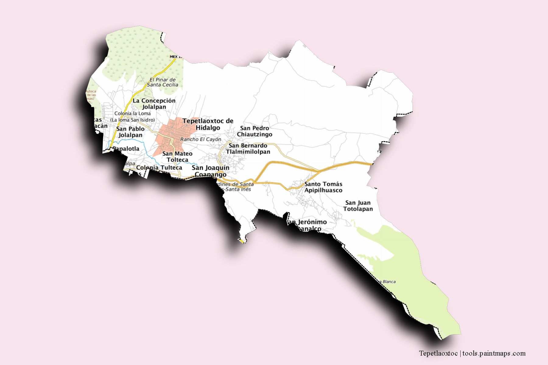 Tepetlaoxtoc neighborhoods and villages map with 3D shadow effect