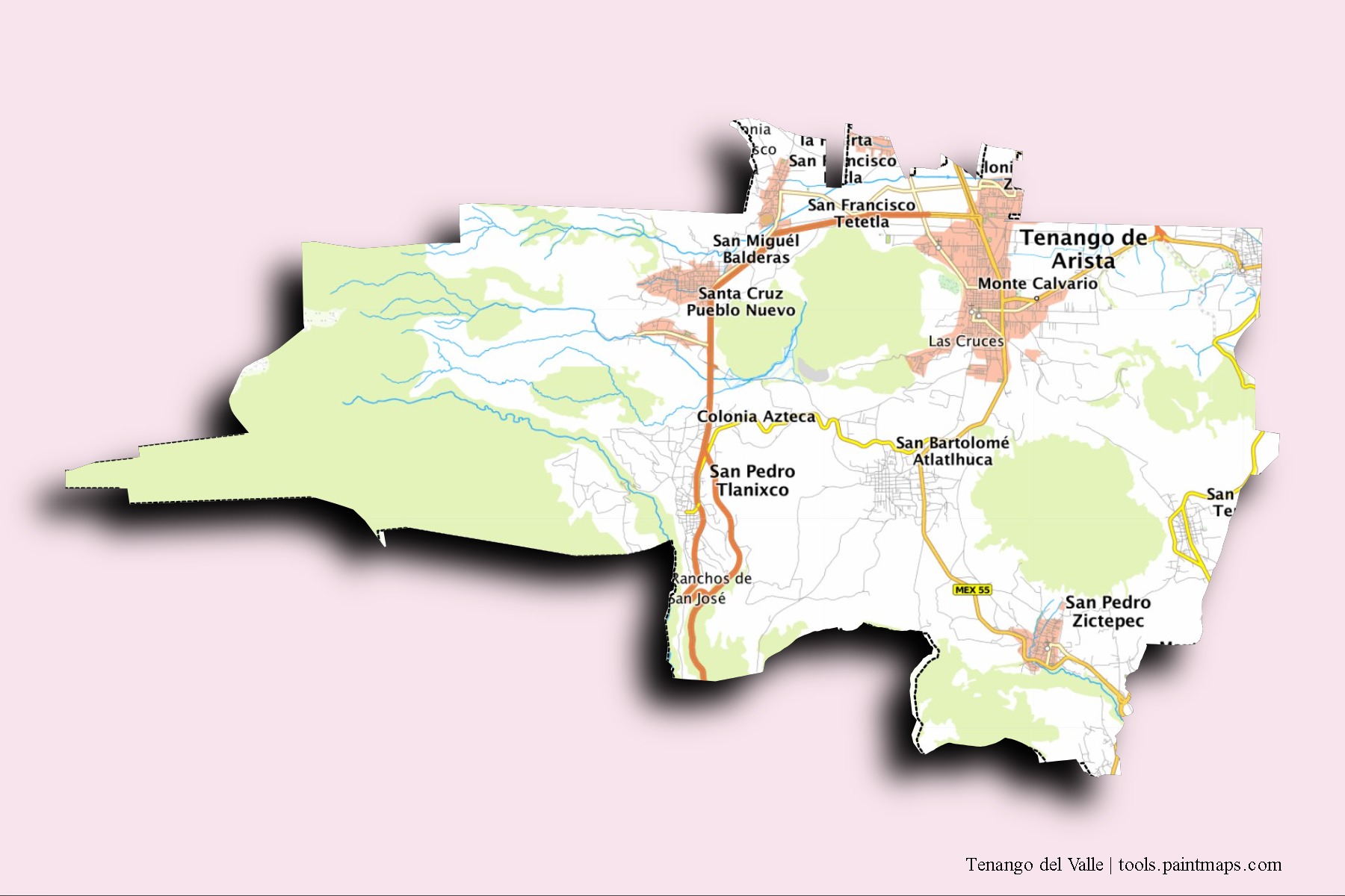 Mapa de barrios y pueblos de Tenango del Valle con efecto de sombra 3D