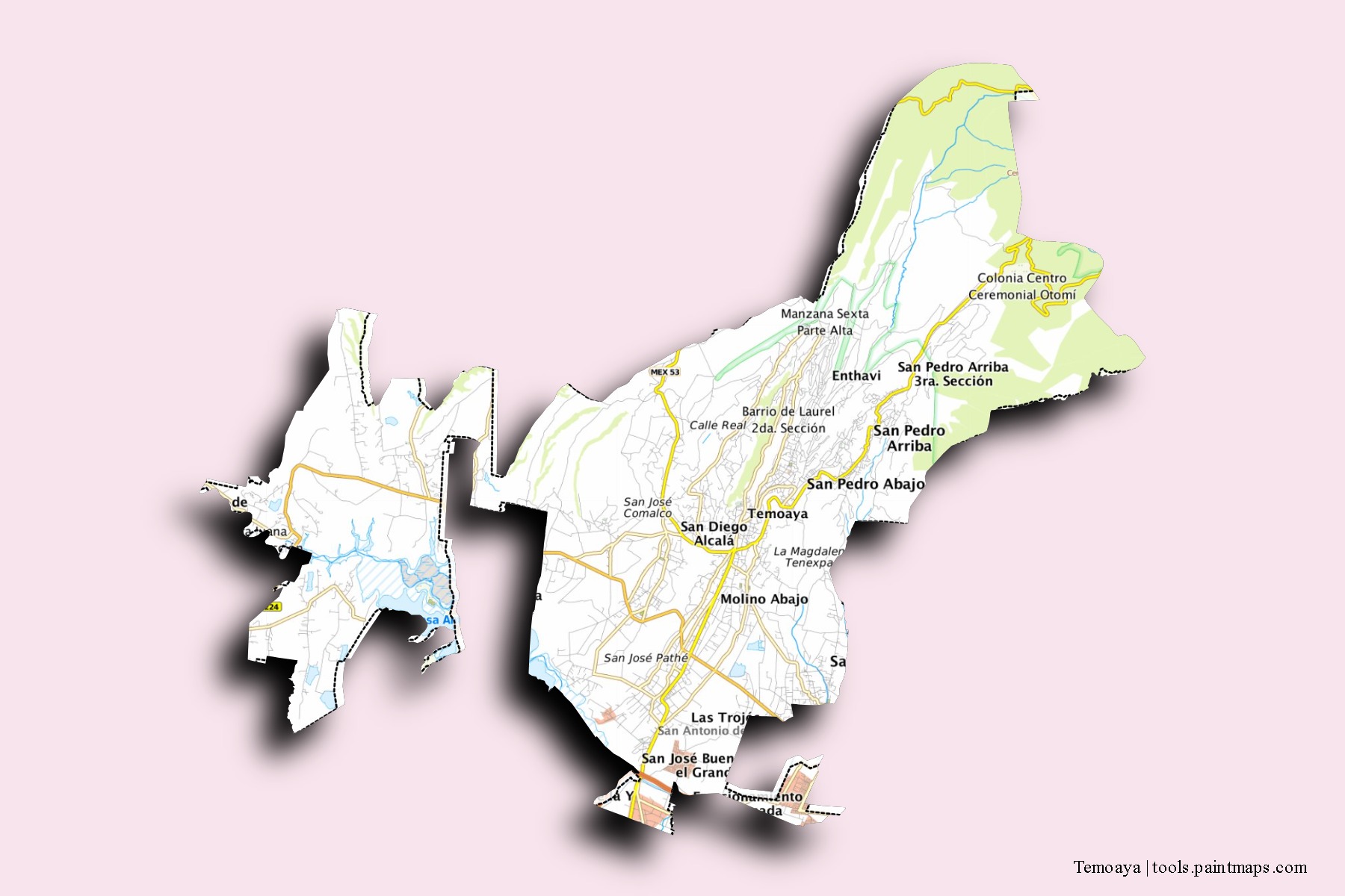 Mapa de barrios y pueblos de Temoaya con efecto de sombra 3D