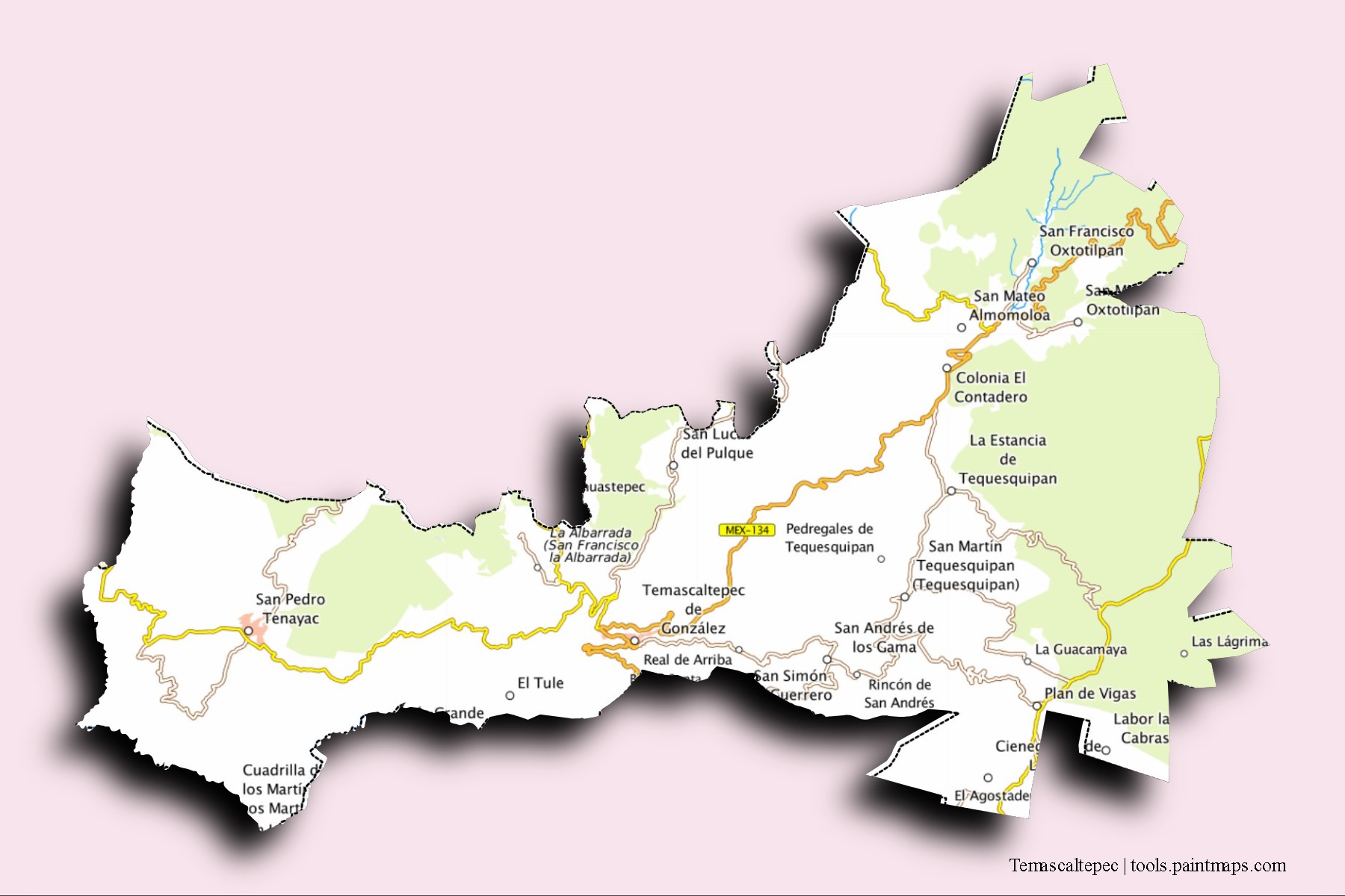 Temascaltepec neighborhoods and villages map with 3D shadow effect