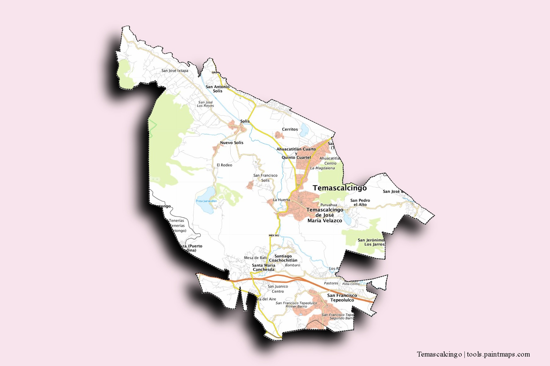 Mapa de barrios y pueblos de Temascalcingo con efecto de sombra 3D