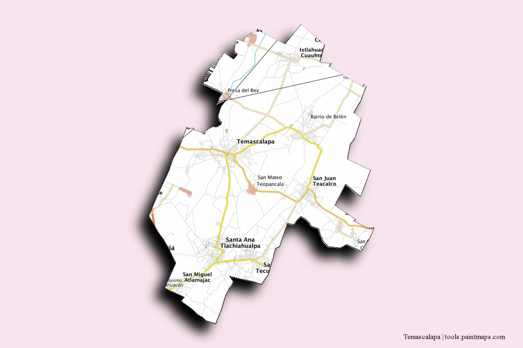 Temascalapa neighborhoods and villages map with 3D shadow effect