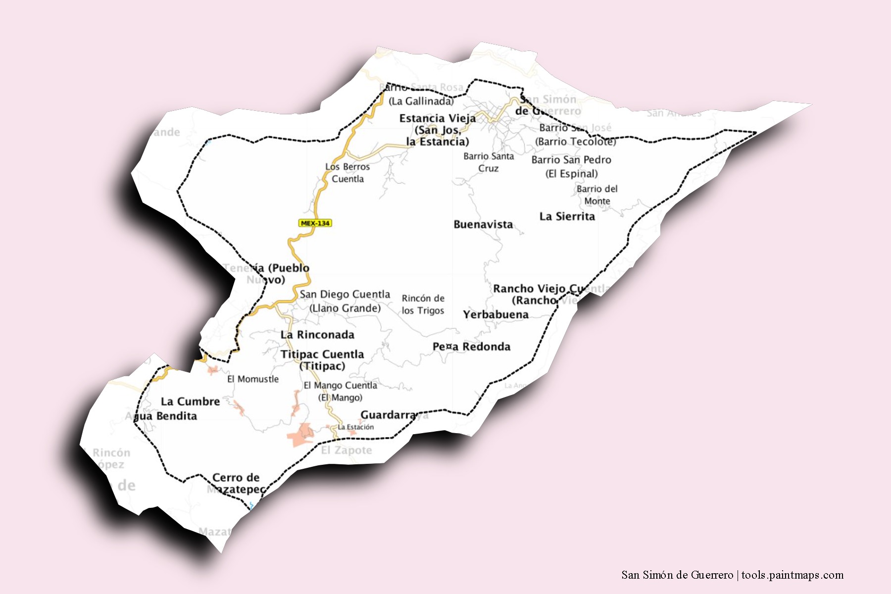 Mapa de barrios y pueblos de San Simón de Guerrero con efecto de sombra 3D