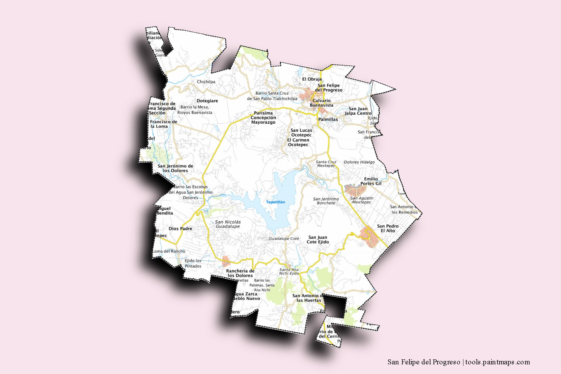 San Felipe del Progreso neighborhoods and villages map with 3D shadow effect