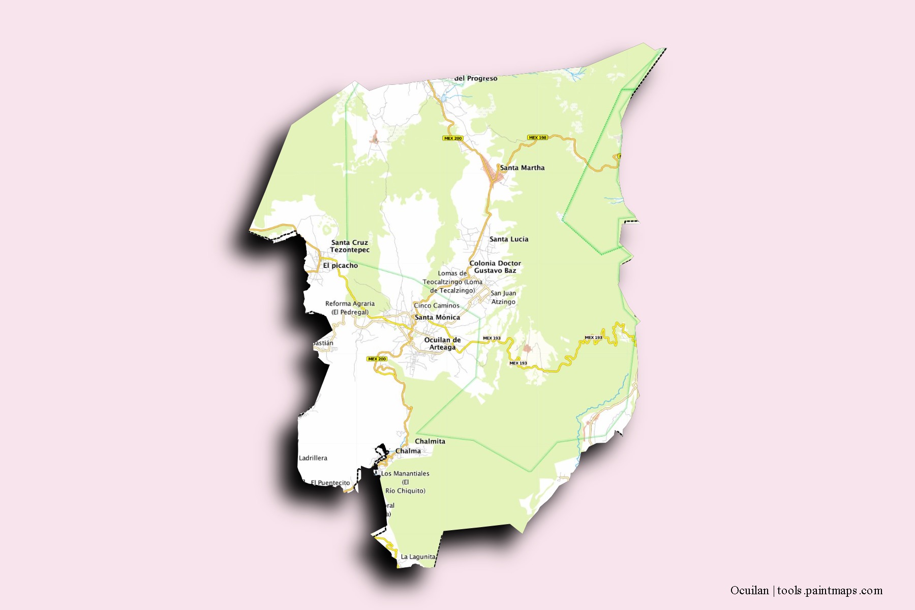 Ocuilan neighborhoods and villages map with 3D shadow effect